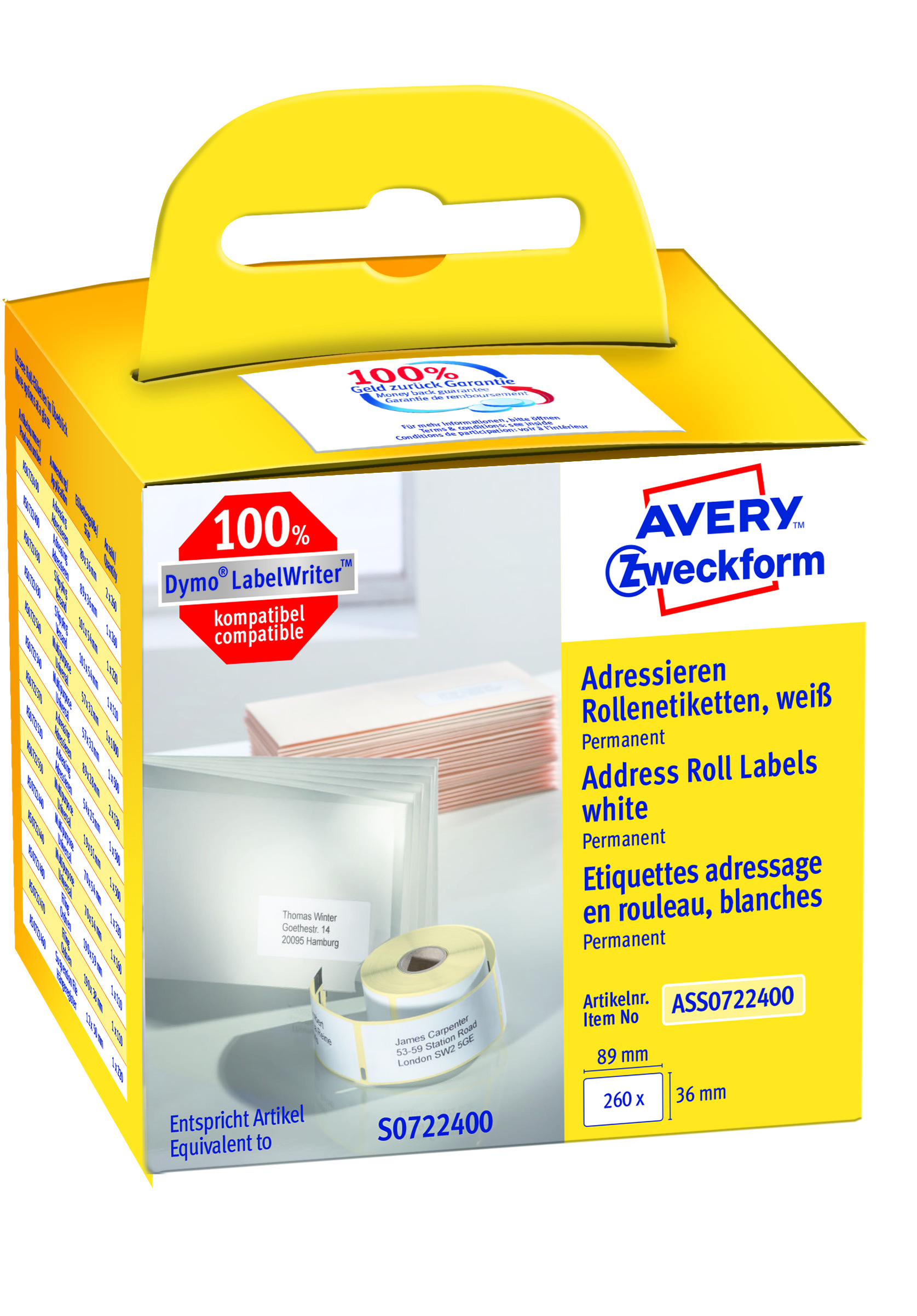 Avery Adresseetiket Rulle 89x36mm 260