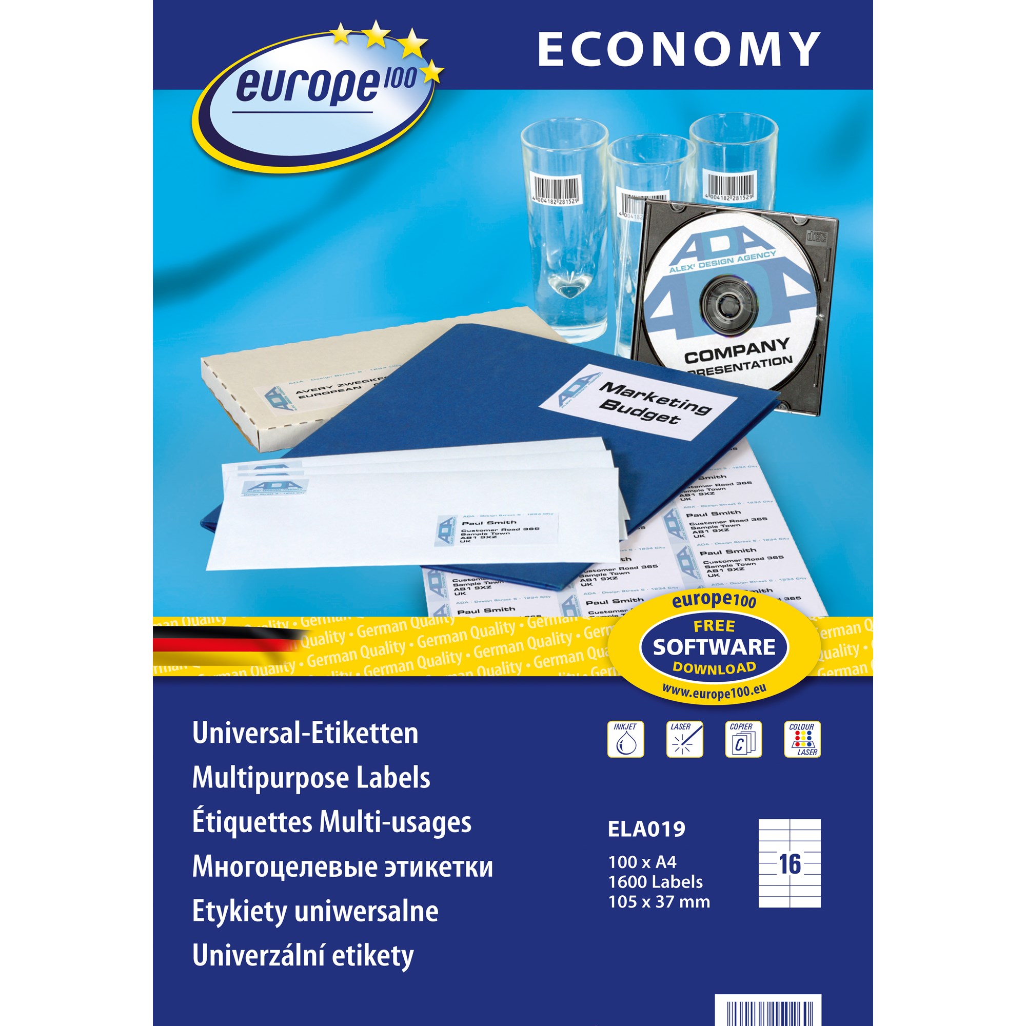 Avery Europe 100 Universal Etiket 105x37 1mm 1600