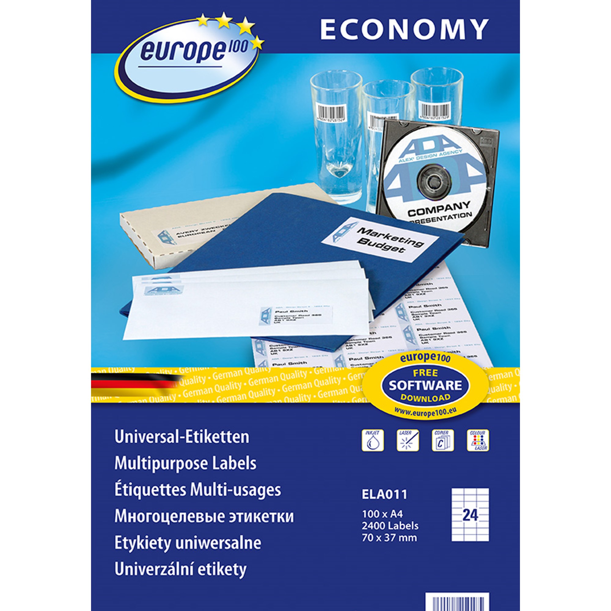 Avery Europe 100 Universal Etiket 70x37 1mm 2400