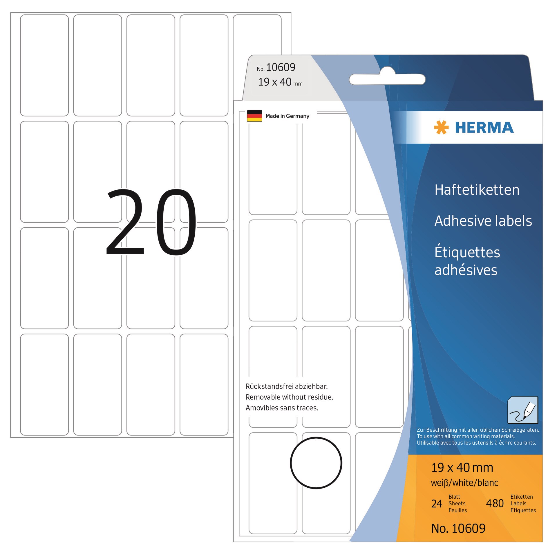 Herma Etiket Manuel Aftagelig 19x40 Hvid 480