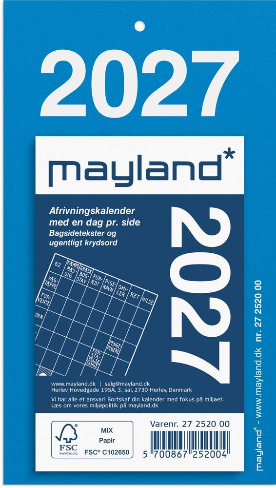 Afrivningskalender 2027 Bagsidetekst Mayland