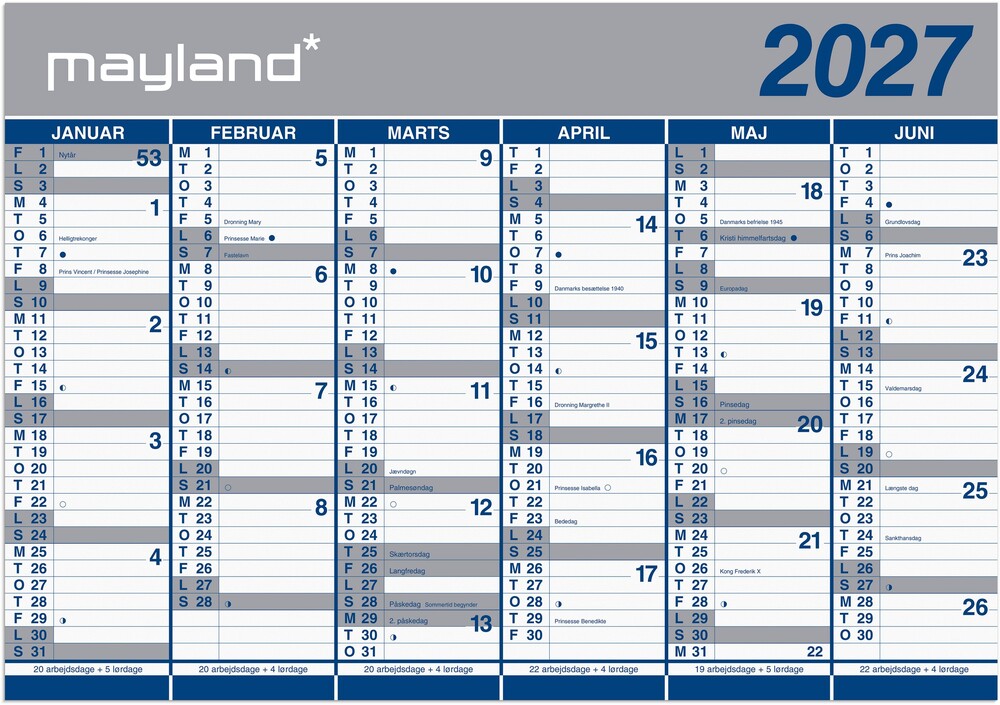 Kæmpekalender 2027 Papir 2x6 Mdr Mayland 100