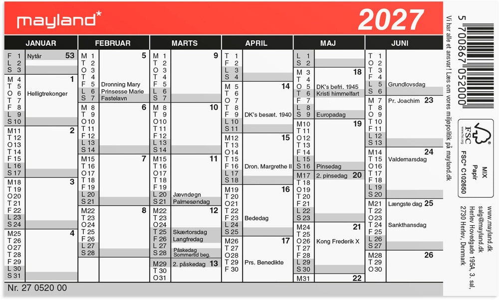 Kalender Mini 2027 Mayland