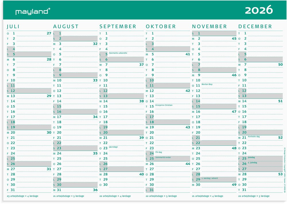 Mayland Kartonkalender 2x6 Måneders Oversigt