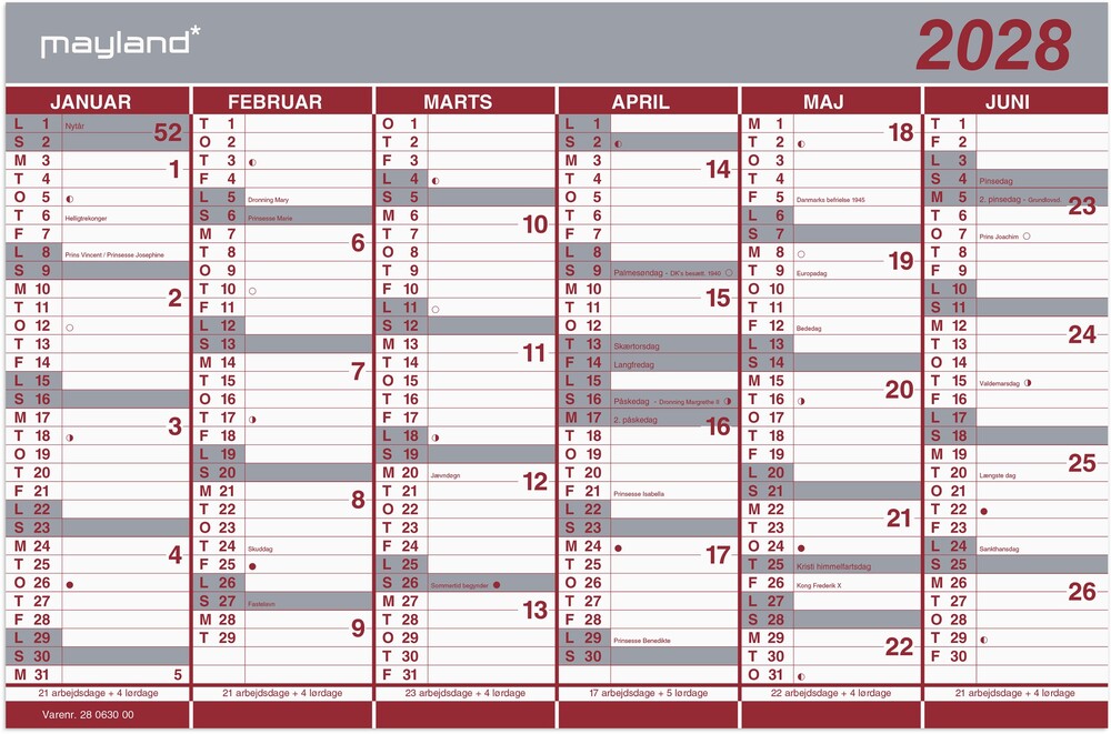 Vægkalender 2028 Dobbelt Halvårs Mayland