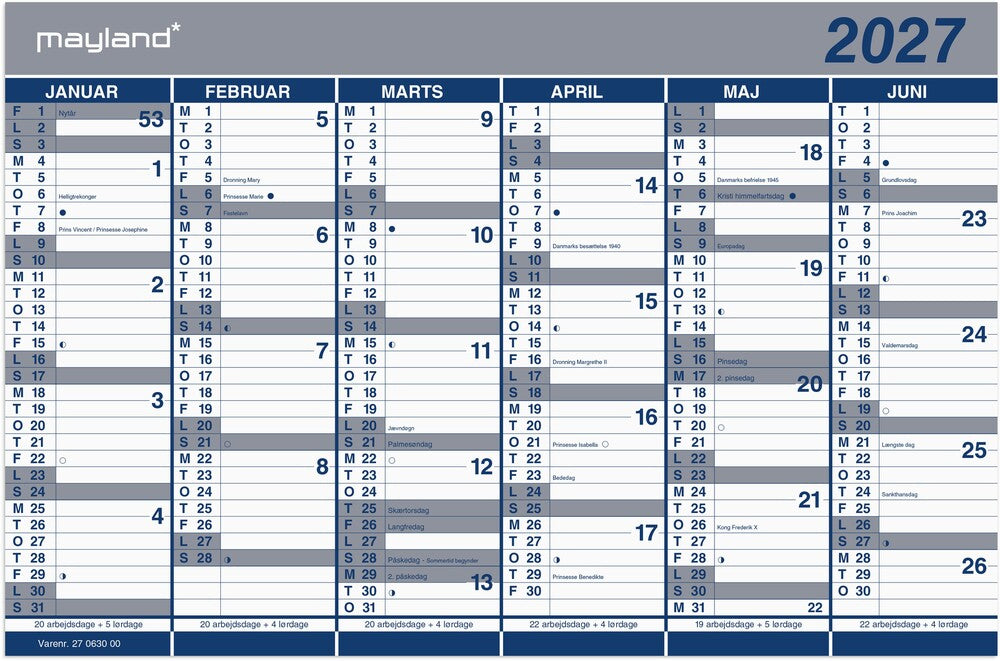 Vægkalender 2027 Dobbelt Halvårs