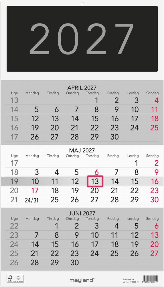 Vægkalender 2027 Triplanner Mayland